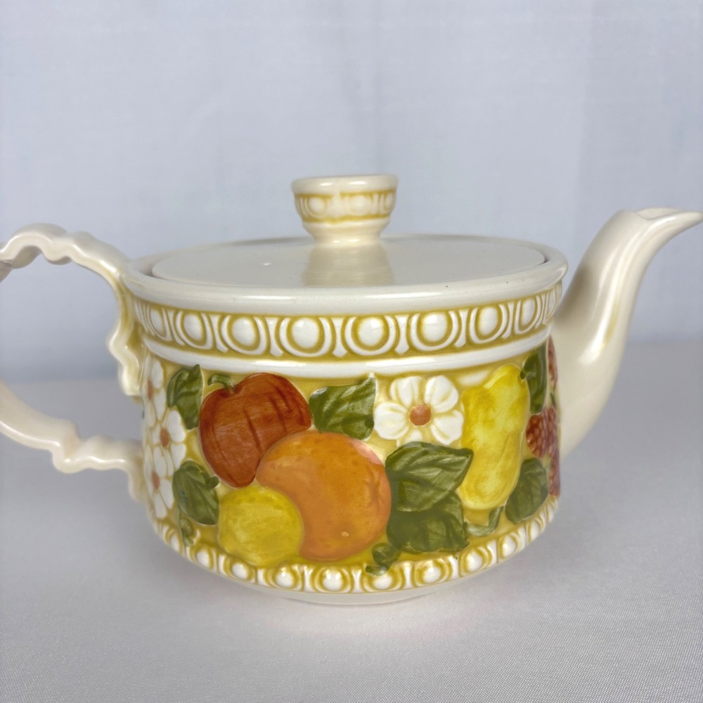 VTG 70s Metlox Poppytrail Robbia Vernon Teapot Coffee Pot Floral Basket Ceramic